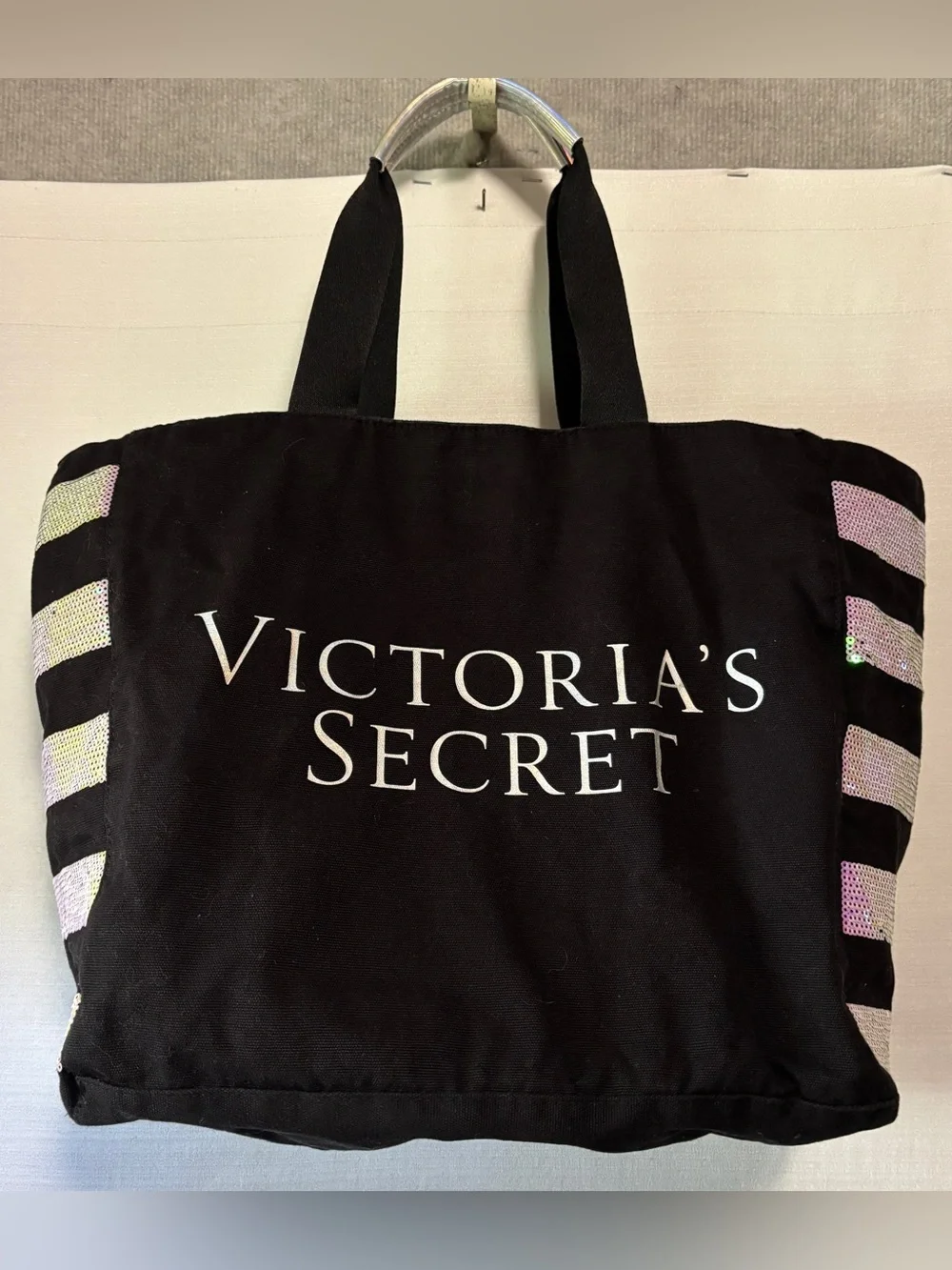 Victoria's Secret Black Canvas Tote Bag with Iridescent Sequin Stripes